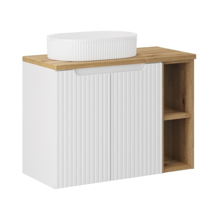 Ensemble VANO wit 80cm: onderkastmeubels met kasten en zichtbare nissen + blad voor wastafel + geribbelde opzetwastafel