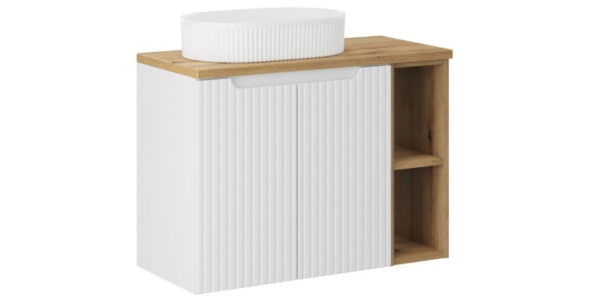 Ensemble VANO blanc 80cm : meubles sous vasque à placards avec niches visibles + plan pour vasque + vasque à poser rainurées