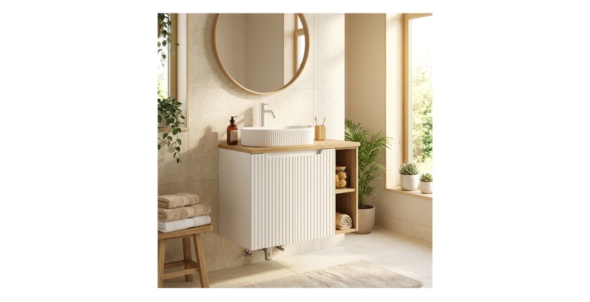 Ensemble VANO blanc 80cm : meubles sous vasque à placards avec niches visibles + plan pour vasque + vasque à poser rainurées