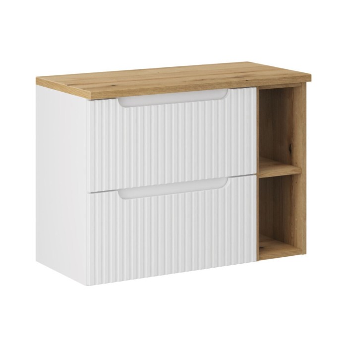 Badezimmer-Set VANO weiß 80cm: Unterschrank mit Schubladen und sichtbaren Nischen + Eichenoptik-Ablage für Waschbecken
