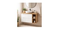 Ensemble de salle de bain VANO blanc 80cm : meubles sous vasque à tiroirs avec niches visibles + plan pour vasque aspect chêne c
