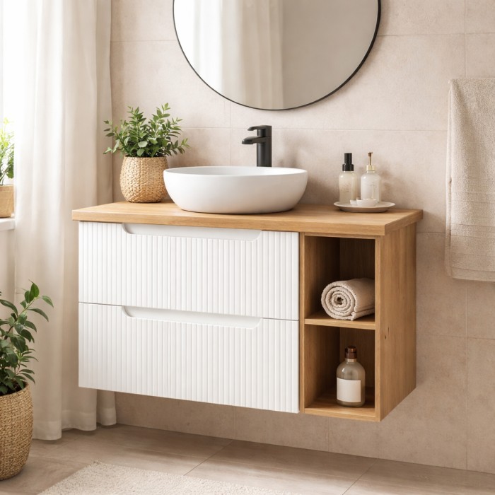 Badezimmer-Set VANO weiß 80cm: Unterschrank mit Schubladen und sichtbaren Nischen + Eichenoptik-Ablage für Waschbecken