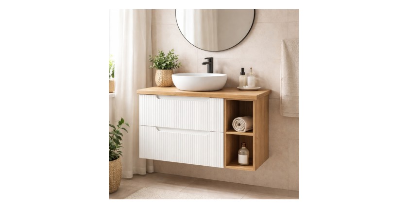 Ensemble de salle de bain VANO blanc 80cm : meubles sous vasque à tiroirs avec niches visibles + plan pour vasque aspect chêne c
