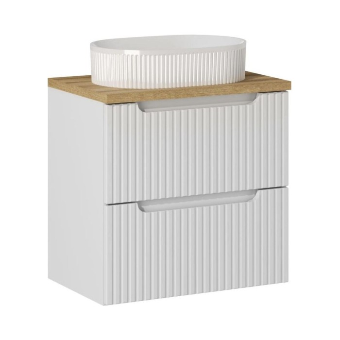 Ensemble VANO weiß 60cm: Unterschrank mit Schubladen + Platte für Waschbecken in hellem Eichenlook + geriffeltes Aufsatzwaschbec