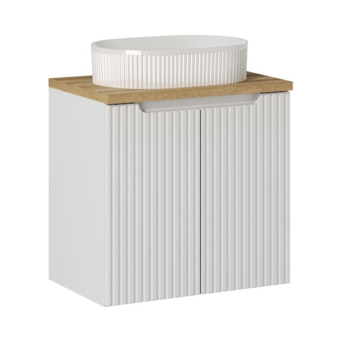 Insieme VANO bianco 60cm: mobile sotto lavabo con armadietti + piano per lavabo in rovere chiaro + lavabo da appoggio scanalato 