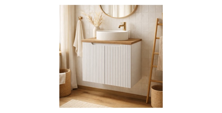 Ensemble VANO 60cm : meuble sous vasque à placards, plan pour vasque et vasque à poser mis en situation