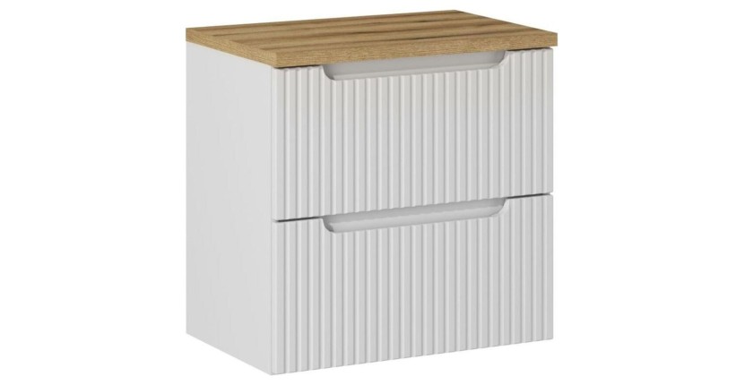 Ensemble de salle de bain suspendu VANO blanc 60cm : meuble sous vasque à tiroirs + plan pour vasque aspect chêne clair