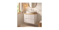 Ensemble de salle de bain suspendu VANO blanc 60cm : meuble sous vasque à tiroirs + plan pour vasque aspect chêne clair