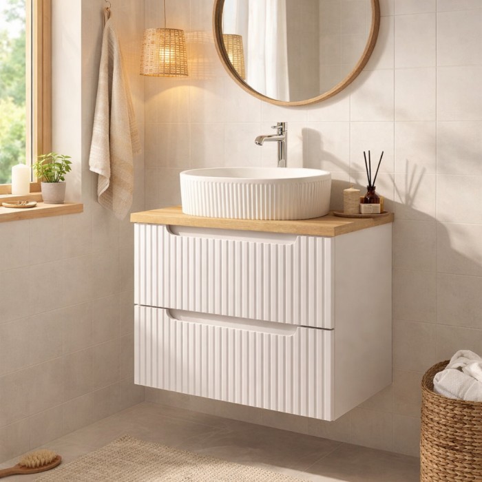 Ensemble VANO 60cm : meuble sous vasque à tiroirs et plan pour vasque aspect chêne clair mis en situation