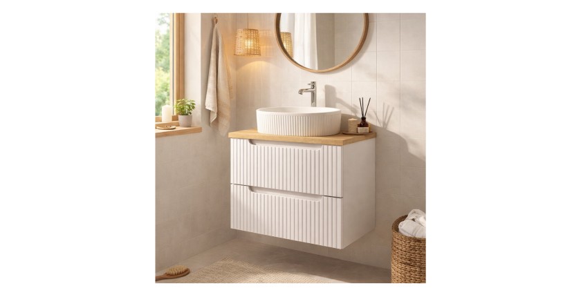 Ensemble de salle de bain suspendu VANO blanc 60cm : meuble sous vasque à tiroirs + plan pour vasque aspect chêne clair