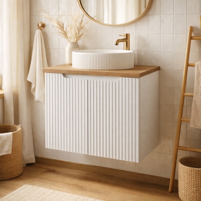 Conjunto de baño suspendido VANO blanco 60cm: mueble bajo lavabo con armarios + encimera para lavabo de aspecto roble claro