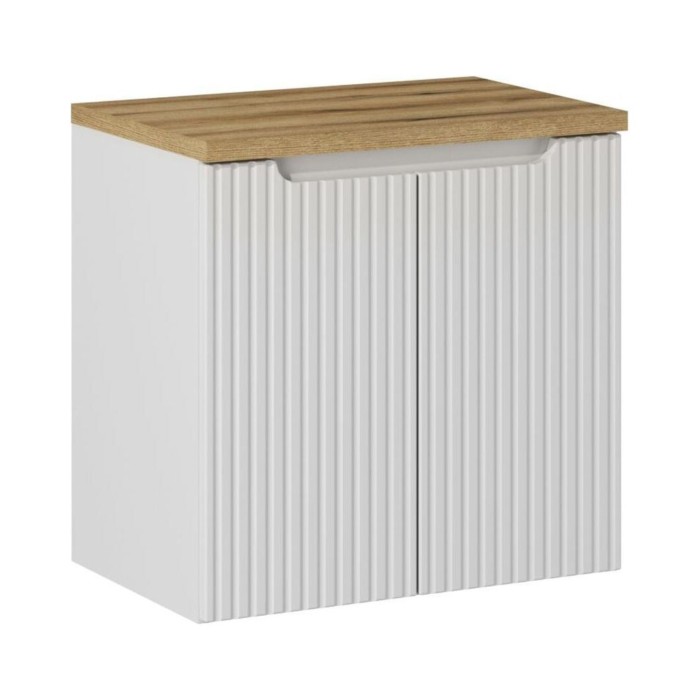 Conjunto de baño suspendido VANO blanco 60cm: mueble bajo lavabo con armarios + encimera para lavabo de aspecto roble claro