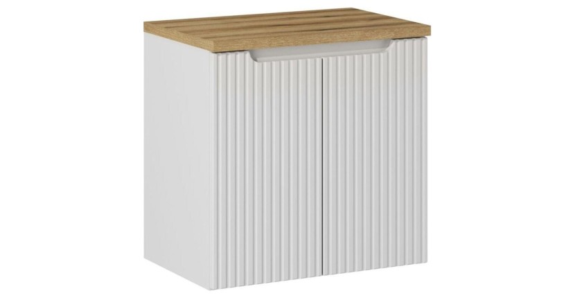 Ensemble de salle de bain suspendu VANO blanc 60cm : meuble sous vasque à placards + plan pour vasque aspect chêne clair