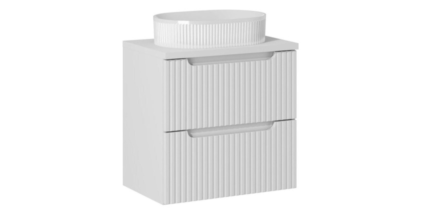 VANO set wit 60cm: onderkast met laden + blanke wastafelblad + geribbelde opbouwwastafel wit