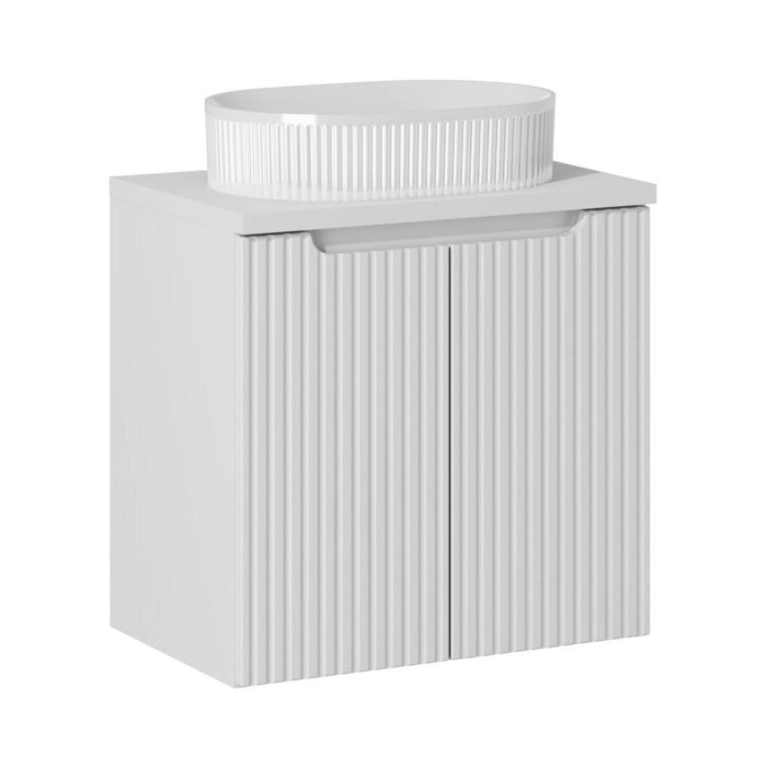 Ensemble VANO bianco 60cm: mobile sottolavabo con ante + piano per lavabo bianco + lavabo da appoggio scanalato bianco