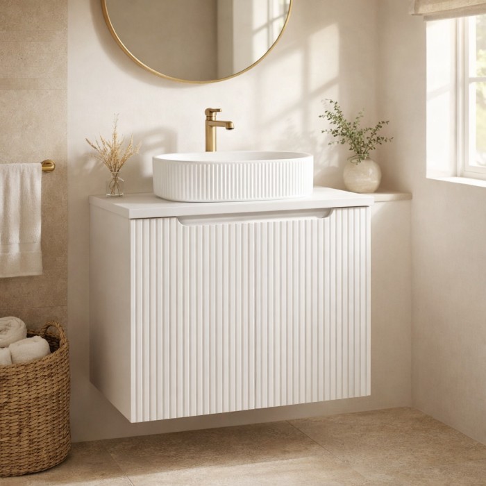 Ensemble VANO bianco 60cm: mobile sottolavabo con ante + piano per lavabo bianco + lavabo da appoggio scanalato bianco