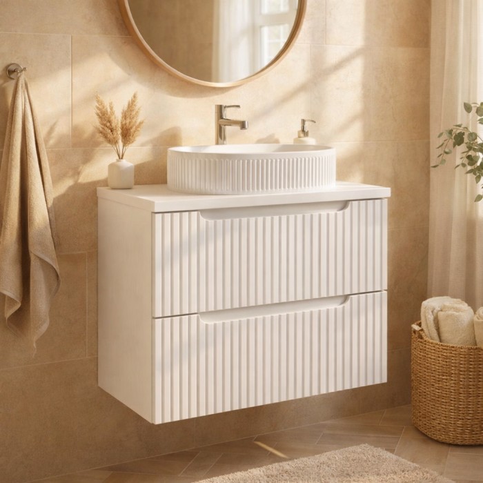 Conjunto de baño suspendido VANO blanco 60cm: mueble bajo lavabo con cajones ranurados + encimera para lavabo blanco