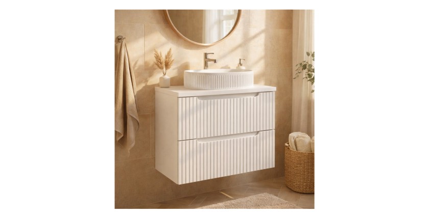 Ensemble de salle de bain suspendu VANO blanc 60cm : meuble sous vasque à tiroirs rainuré + plan pour vasque blanc