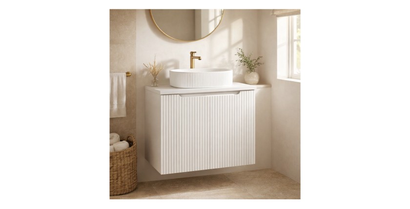 Ensemble de salle de bain suspendu VANO blanc 60cm : meuble sous vasque à placards rainuré + plan pour vasque blanc