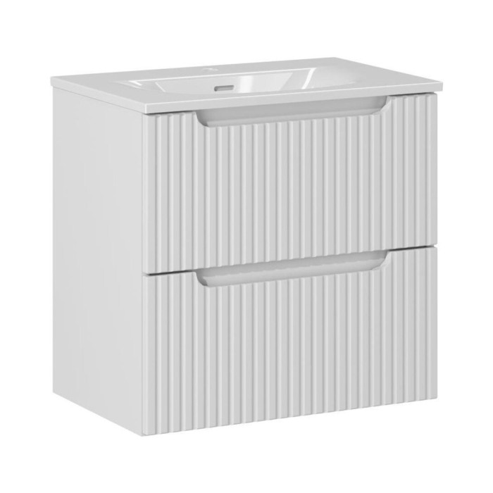 Conjunto de baño suspendido VANO blanco 60cm: mueble bajo lavabo con cajones ranurados + lavabo encastrado blanco