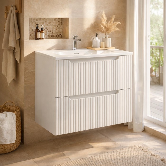 Conjunto de baño suspendido VANO blanco 60cm: mueble bajo lavabo con cajones ranurados + lavabo encastrado blanco