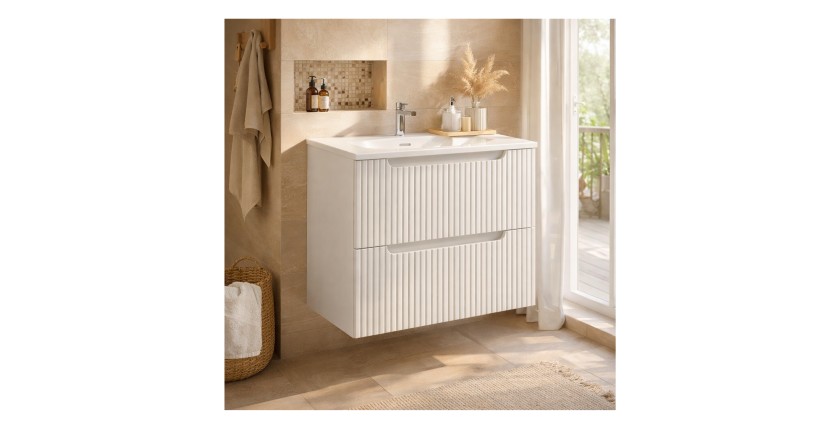 Ensemble de salle de bain suspendu VANO blanc 60cm : meuble sous vasque à tiroirs rainuré + vasque encastrée blanche