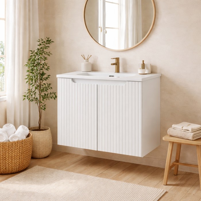 Wandhängendes Badezimmer-Set VANO weiß 60cm: Unterschrank mit gerillten Schränken + eingelassenes weißes Waschbecken