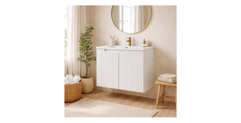 Ensemble de salle de bain suspendu VANO blanc 60cm : meuble sous vasque à placards rainuré + vasque encastrée blanche