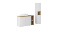 Ensemble VANO blanc 130cm : meubles sous vasque à placards avec niches visibles + vasque à poser rainurée blanche + colonne