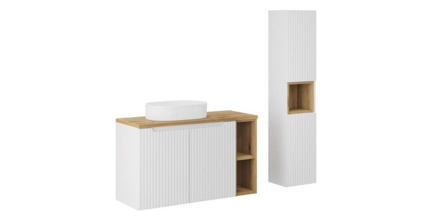 Ensemble VANO blanc 130cm : meubles sous vasque à placards avec niches visibles + vasque à poser rainurée blanche + colonne