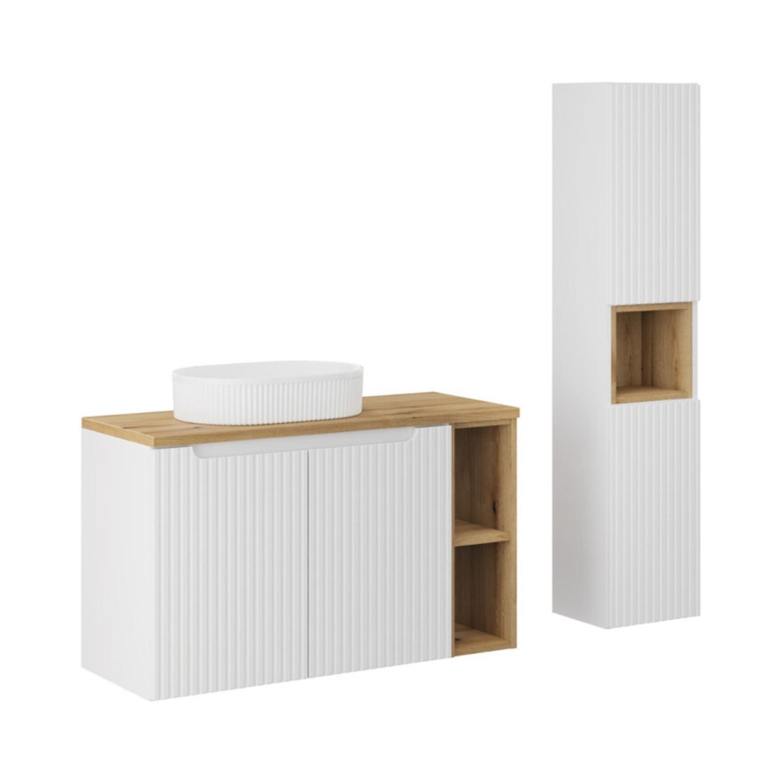Ensemble VANO blanc 130cm : meubles sous vasque à placards avec niches visibles + vasque à poser rainurée blanche + colonne