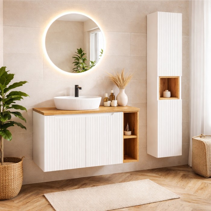 Ensemble VANO 130cm : meuble sous vasque, niches visibles, vasque à poser et colonne mis en situation