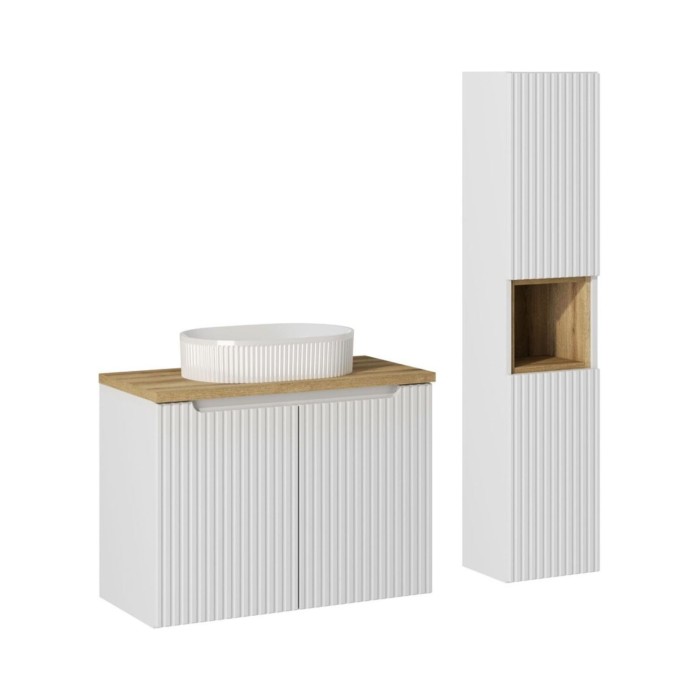 Insieme VANO bianco 110cm: mobile sotto lavabo con armadietti + piano per lavabo + lavabo da appoggio scanalato bianco + colonna