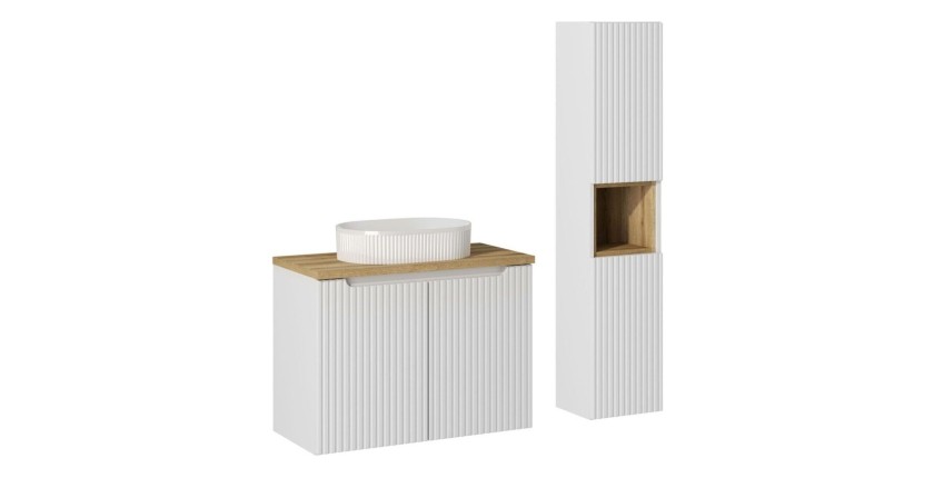 Ensemble VANO blanc 110cm : meuble sous vasque à placards + plan pour vasque + vasque à poser rainurée blanche + colonne