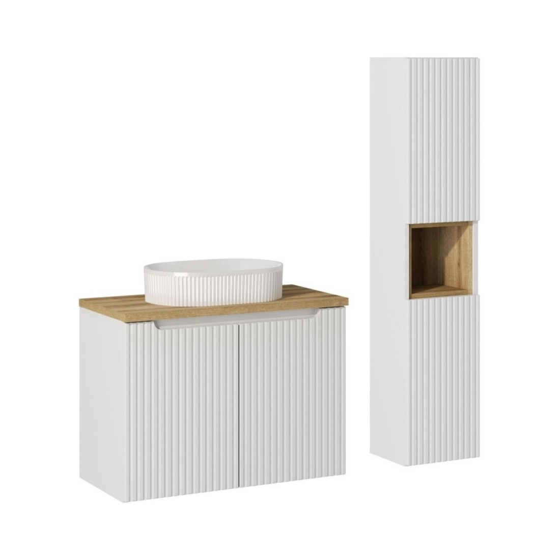 Ensemble VANO blanc 110cm : meuble sous vasque à placards + plan pour vasque + vasque à poser rainurée blanche + colonne
