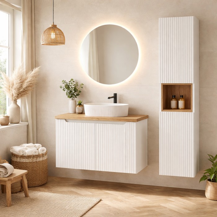 Insieme VANO bianco 110cm: mobile sotto lavabo con armadietti + piano per lavabo + lavabo da appoggio scanalato bianco + colonna