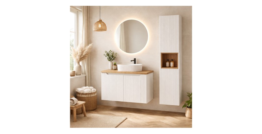 Ensemble VANO blanc 110cm : meuble sous vasque à placards + plan pour vasque + vasque à poser rainurée blanche + colonne