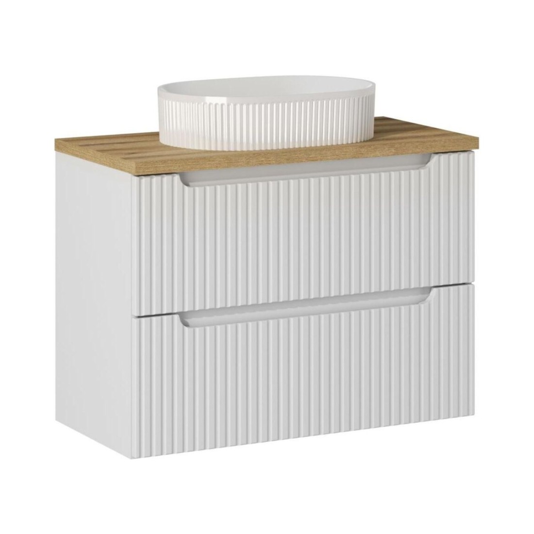 Ensemble de salle de bain VANO blanc 80cm : meuble sous vasque à tiroirs + plan pour vasque + vasque à poser rainurée blanche