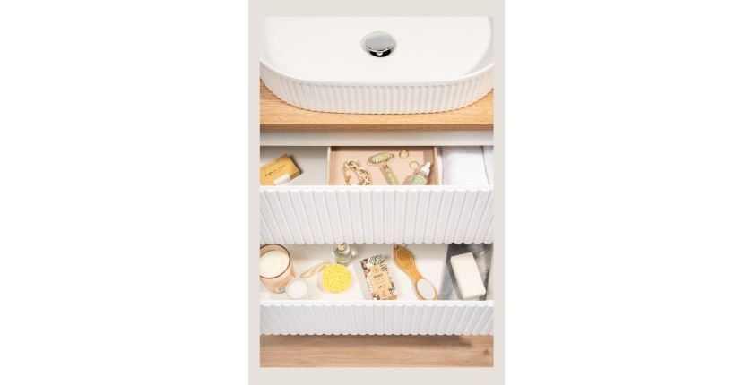 Ensemble de salle de bain VANO blanc 80cm : meuble sous vasque à tiroirs + plan pour vasque + vasque à poser rainurée blanche