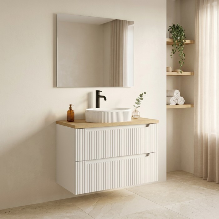 Badezimmer-Set VANO weiß 80cm: Unterschrank mit Schubladen + Waschtischplatte + gerilltes Aufsatzbecken in Weiß