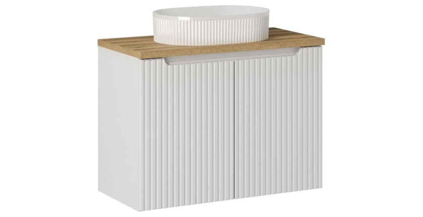 Ensemble de salle de bain VANO blanc 80cm : meuble sous vasque à placards + plan pour vasque + vasque à poser rainurée blanche