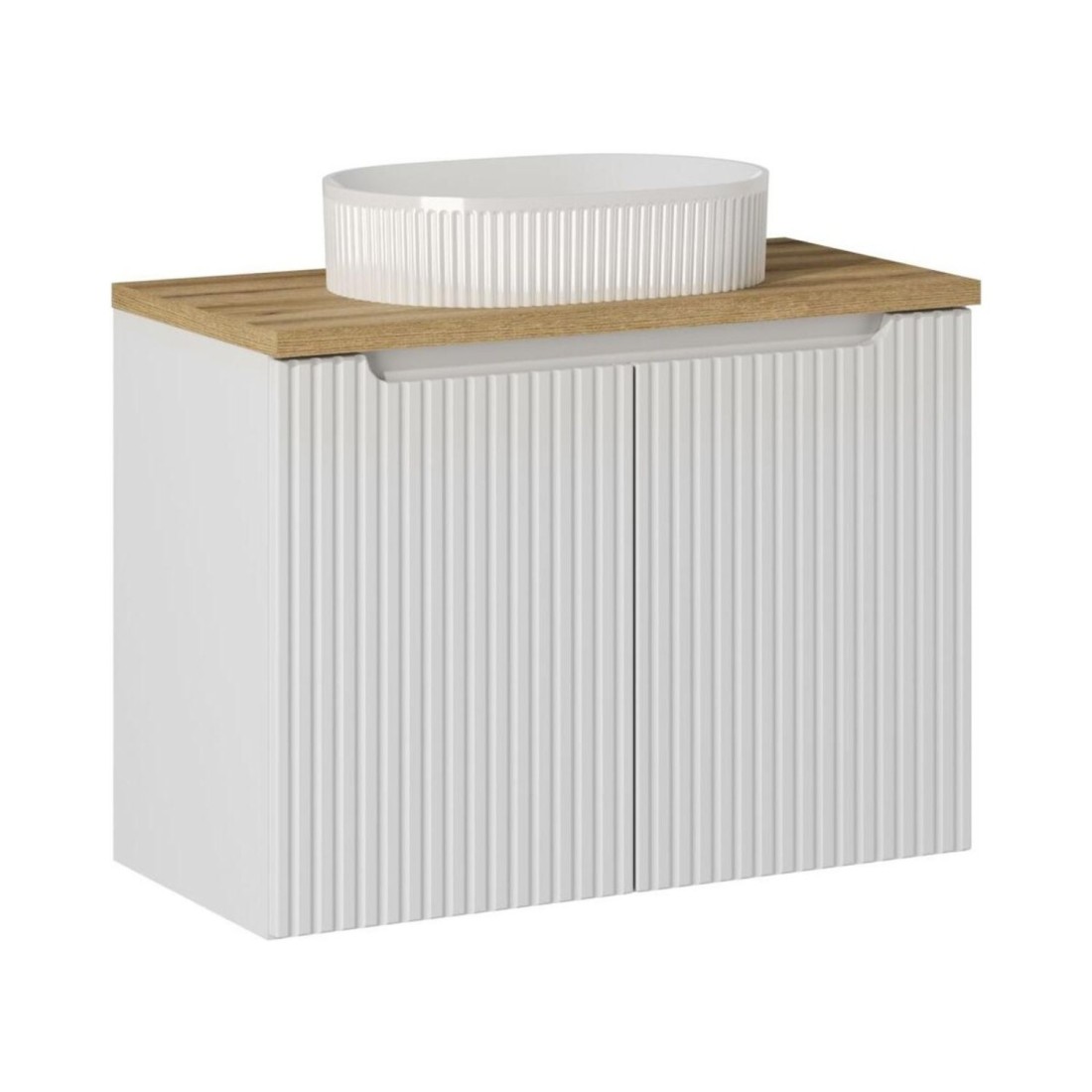 Ensemble de salle de bain VANO blanc 80cm : meuble sous vasque à placards + plan pour vasque + vasque à poser rainurée blanche