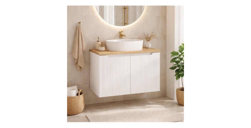 Ensemble de salle de bain VANO blanc 80cm : meuble sous vasque à placards + plan pour vasque + vasque à poser rainurée blanche