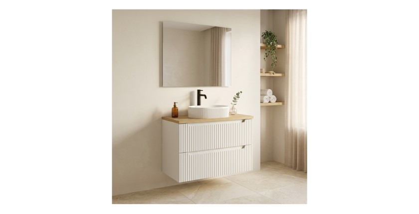 Ensemble de salle de bain VANO blanc 80cm : meuble sous vasque à tiroirs rainuré + plan pour vasque aspect chêne clair