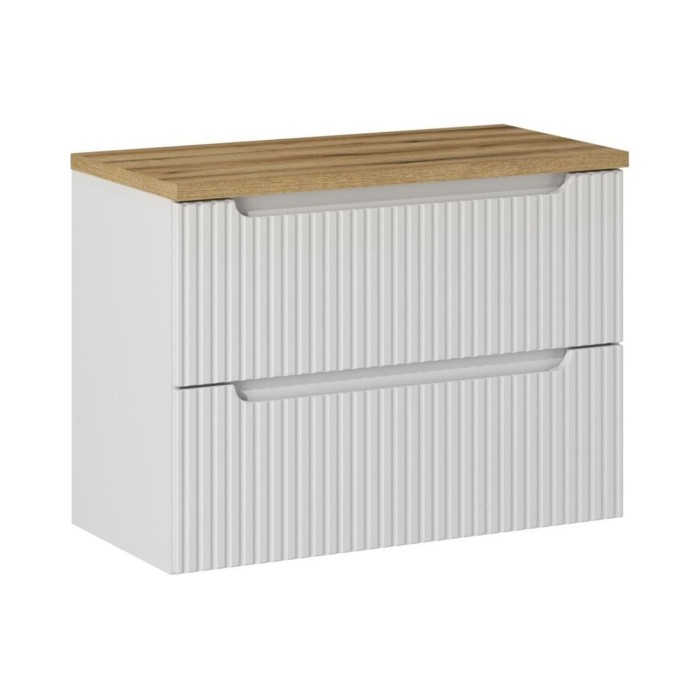 Badezimmer-Set VANO weiß 80cm: Unterschrank mit gerillten Schubladen + Waschtischplatte in heller Eichenoptik
