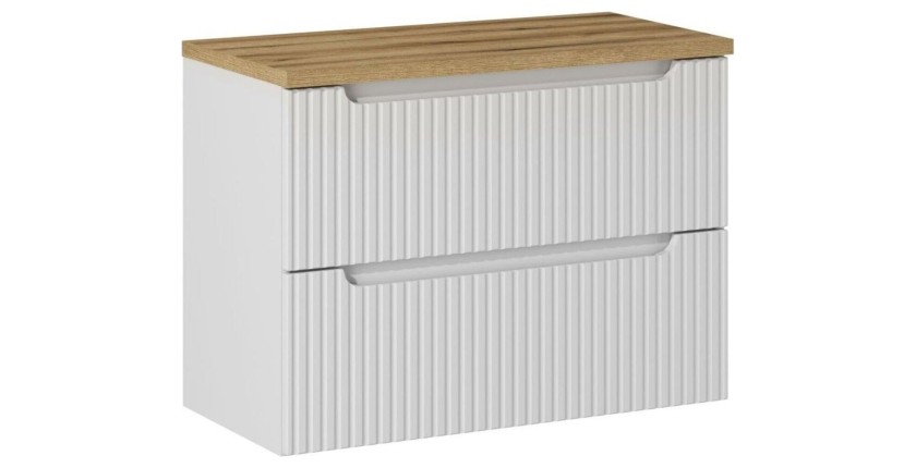 Ensemble de salle de bain VANO blanc 80cm : meuble sous vasque à tiroirs rainuré + plan pour vasque aspect chêne clair