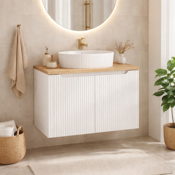 Badezimmer-Set VANO weiß 80cm: Unterschrank mit gerillten Schranktüren + Waschtischplatte in heller Eichenoptik