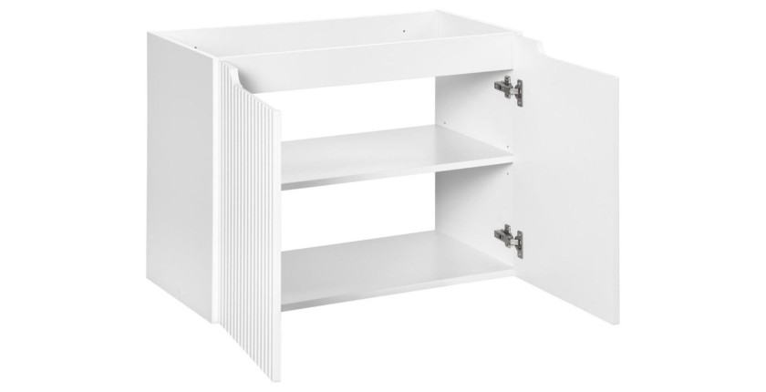 Ensemble de salle de bain VANO blanc 80cm : meuble sous vasque à placards rainuré + plan pour vasque aspect chêne clair