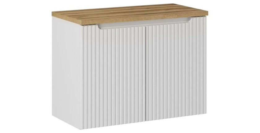 Ensemble de salle de bain VANO blanc 80cm : meuble sous vasque à placards rainuré + plan pour vasque aspect chêne clair