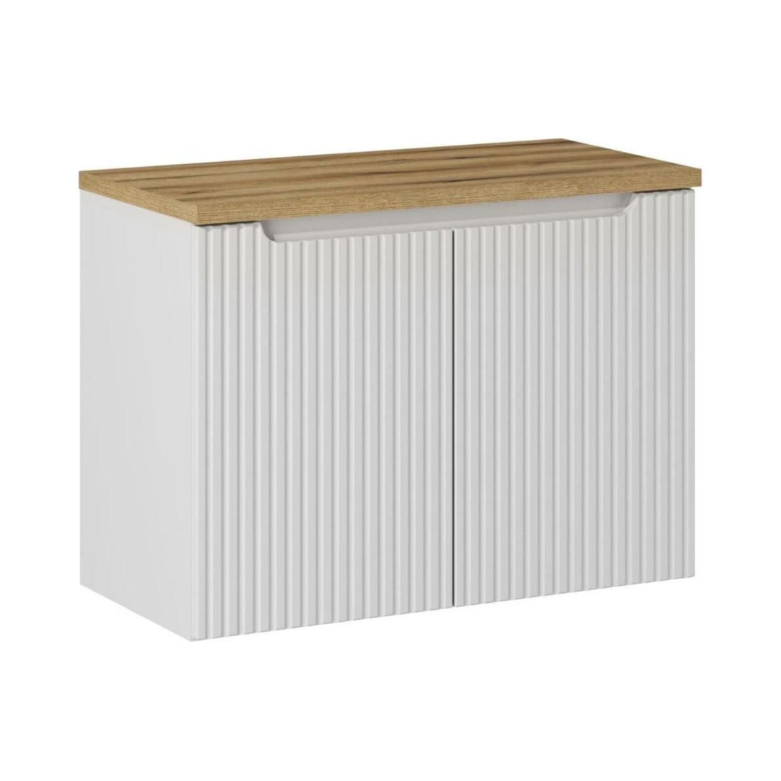 Ensemble de salle de bain VANO blanc 80cm : meuble sous vasque à placards rainuré + plan pour vasque aspect chêne clair